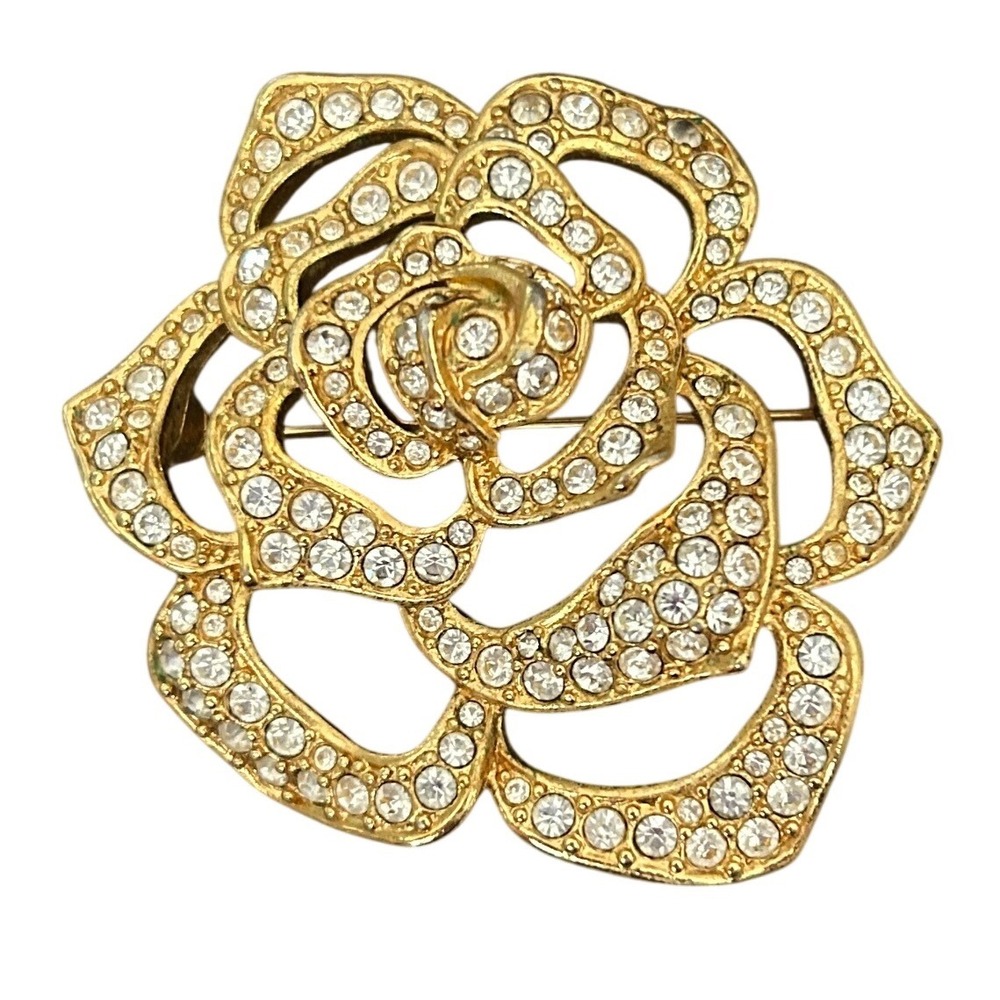 VTG Elizabeth Taylor for Avon Rhinestone Rose Brooch Gold Tone Signed 1990s